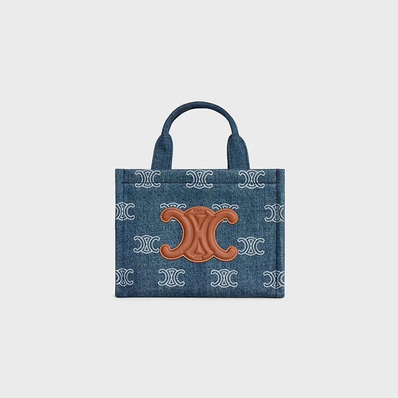 SMALL CABAS THAIS IN DENIM WITH TRIOMPHE ALL-OVER EMBROIDERY AND CALFSKIN