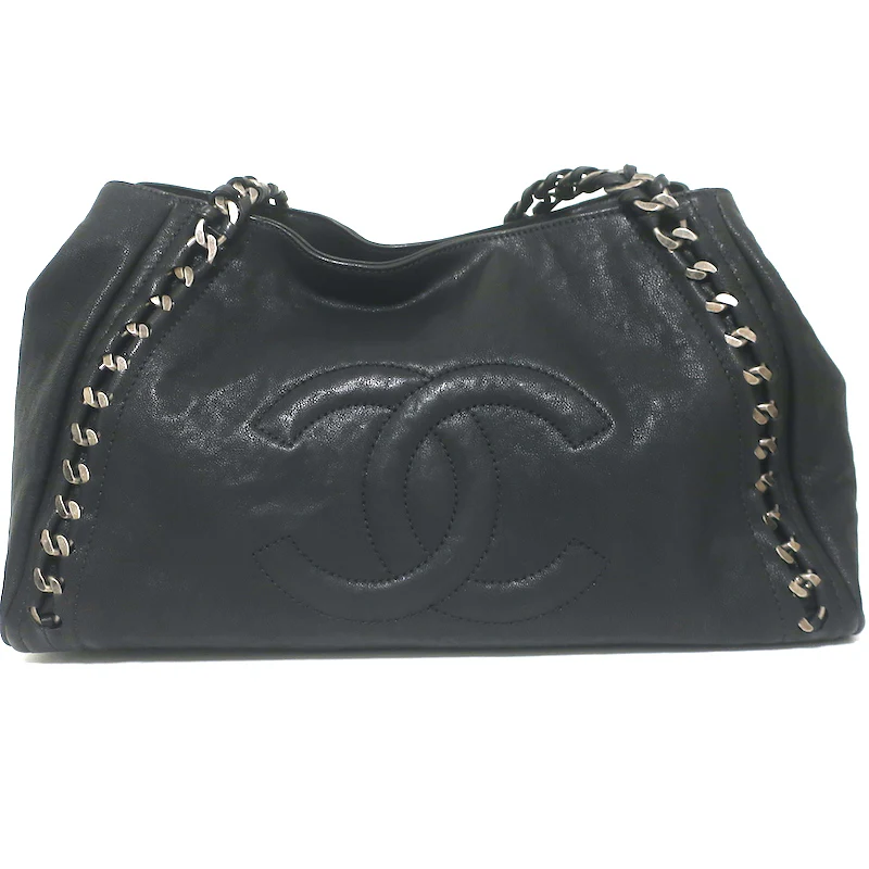 Modern Chain East West Tote Black Leather Large Shoulder Bag
