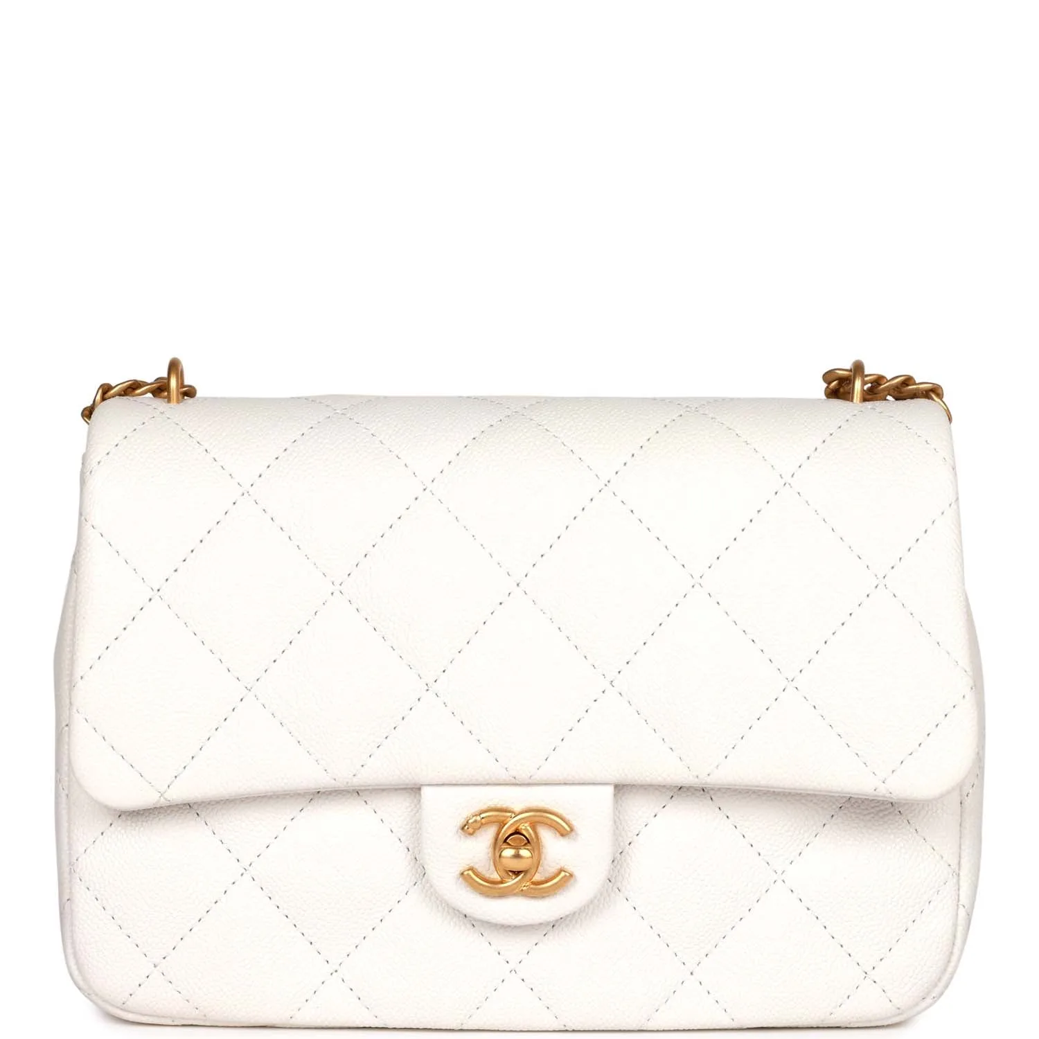 Large Single Flap White Caviar Leather Antique Gold Hardware