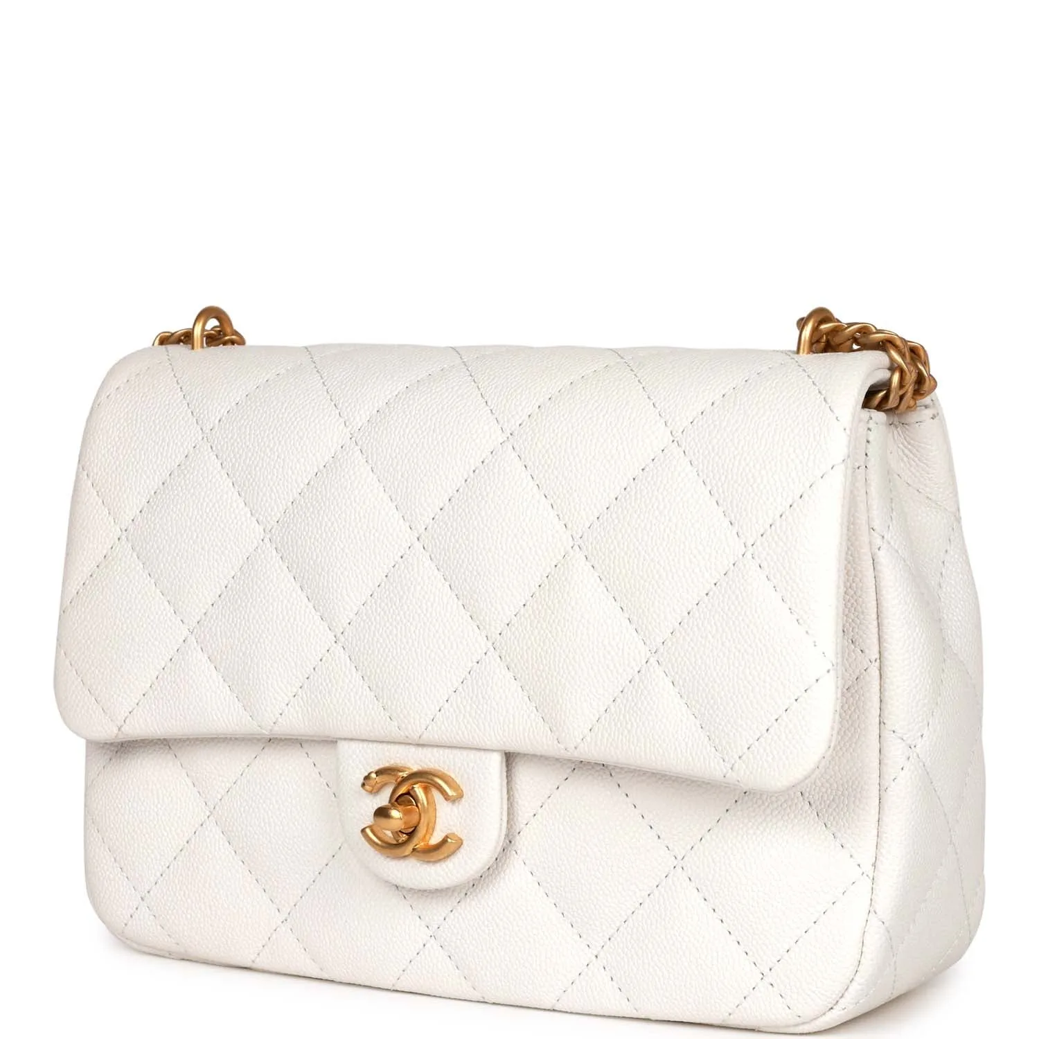 Large Single Flap White Caviar Leather Antique Gold Hardware