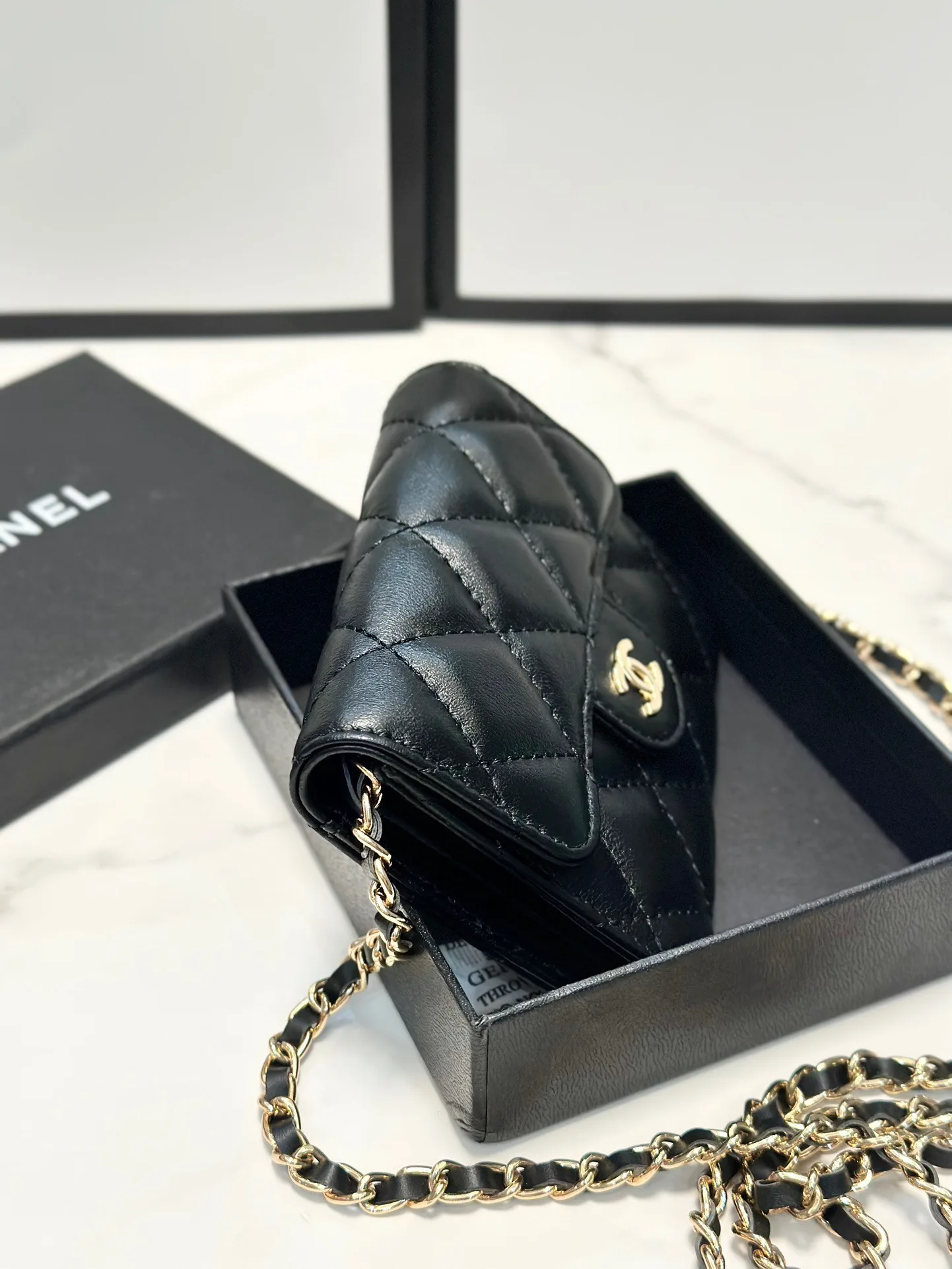 Classic Flap Chain Card Wallet Gold Metal Black