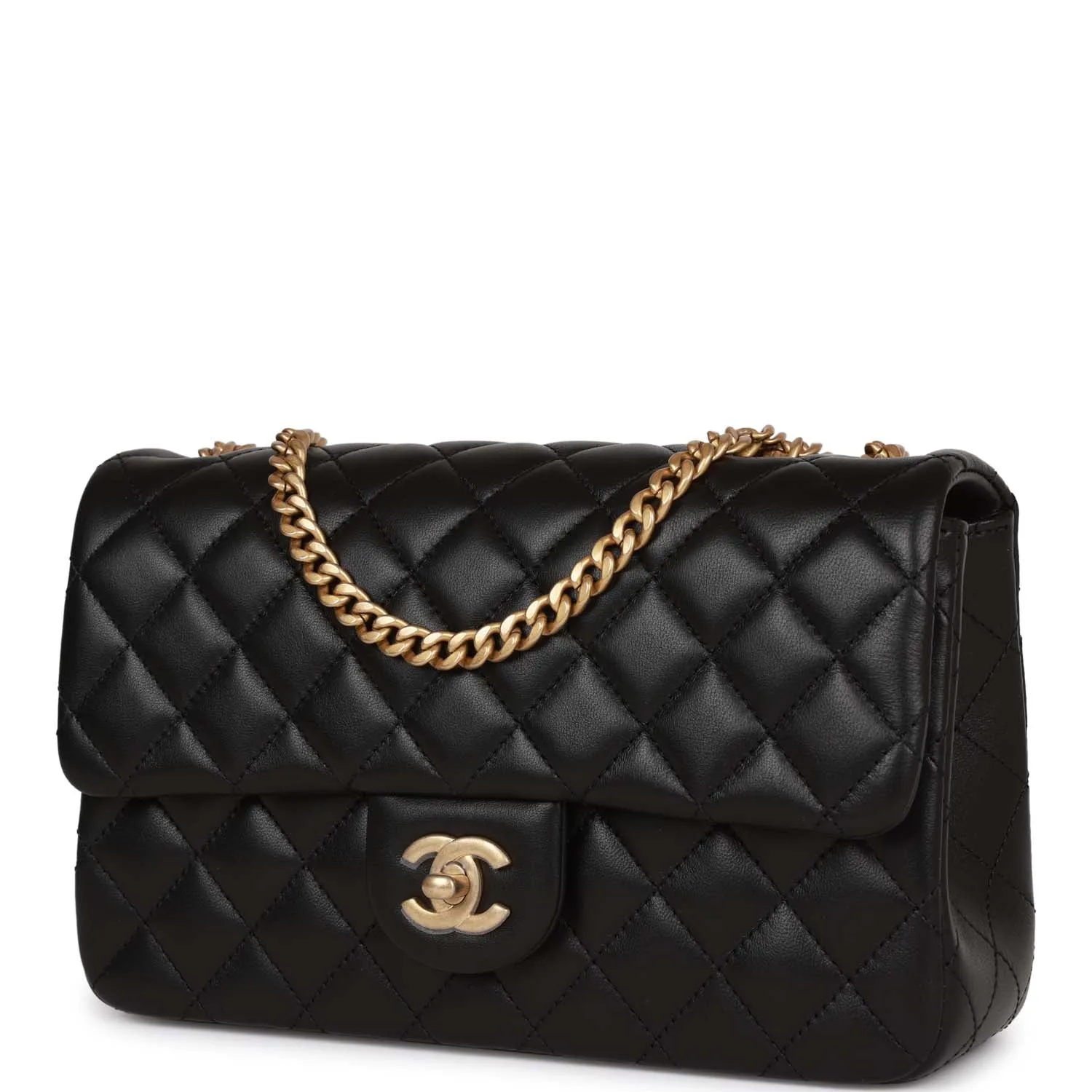 Medium Camellia Crush Flap Bag Black Lambskin Antique Gold Hardware