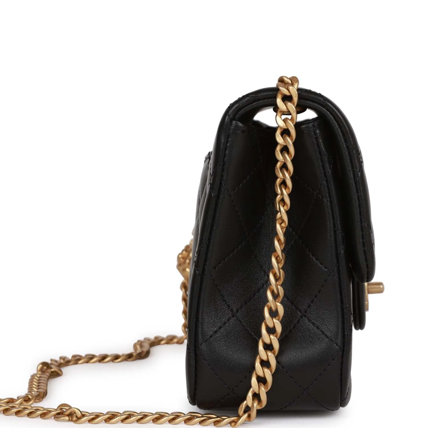 Medium Camellia Crush Flap Bag Black Lambskin Antique Gold Hardware