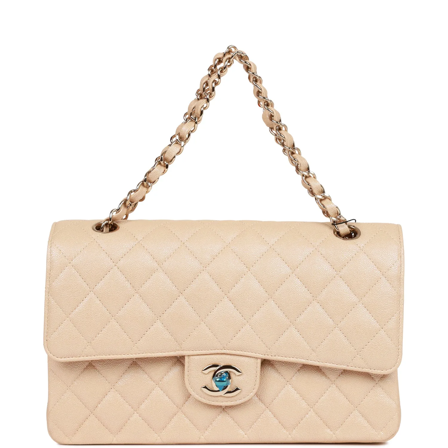 Medium Classic Double Flap Bag Beige Iridescent Caviar Light Gold Hardware