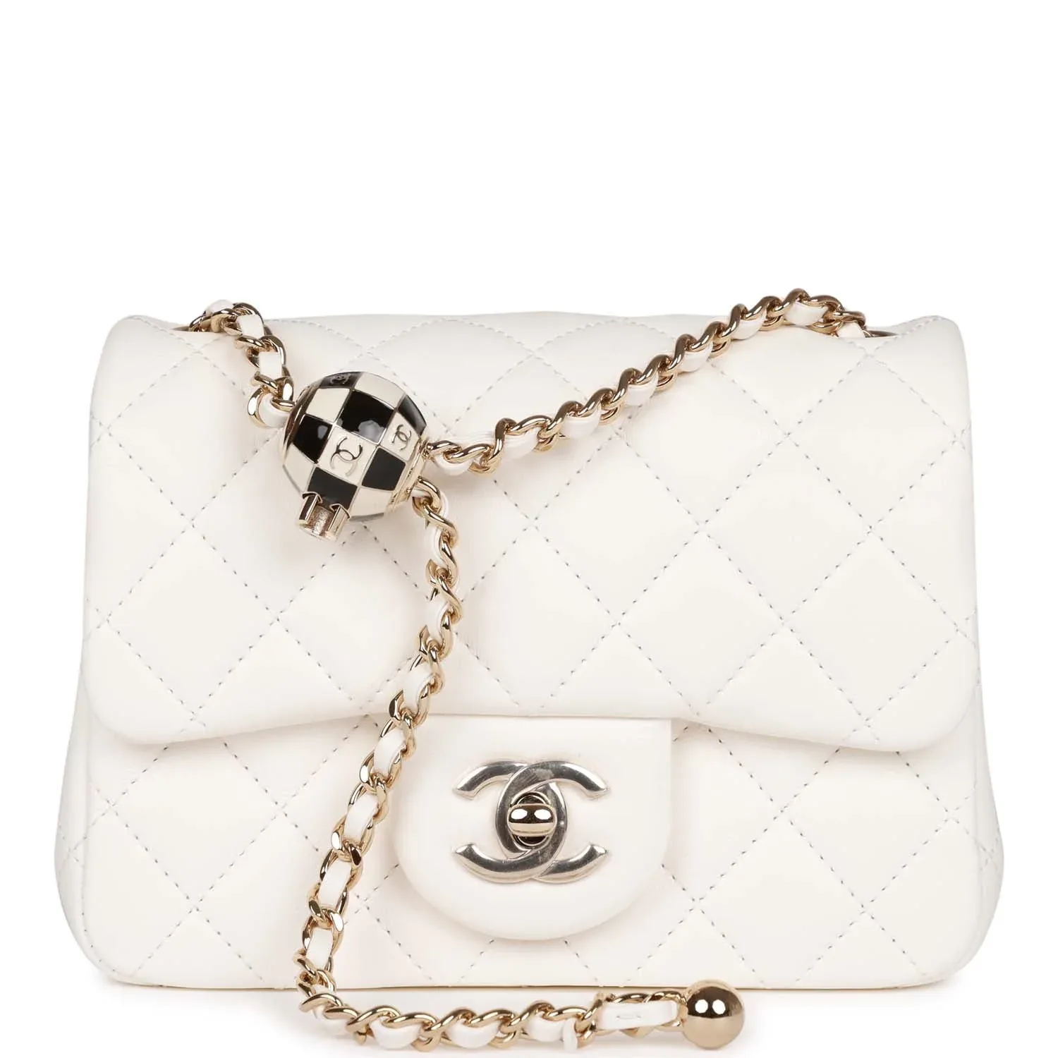 Pearl Crush Mini Square Flap Bag White Lambskin Light Gold Hardware