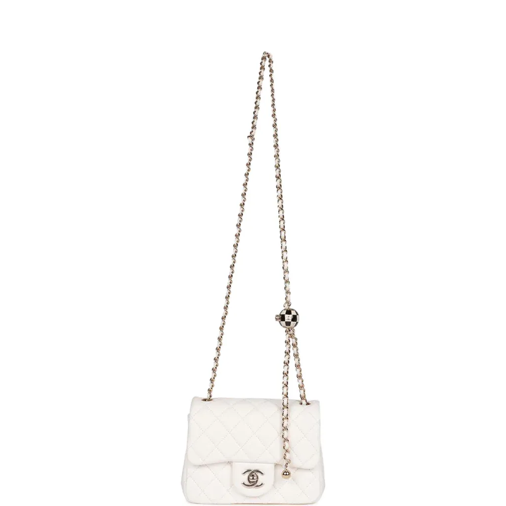 Pearl Crush Mini Square Flap Bag White Lambskin Light Gold Hardware