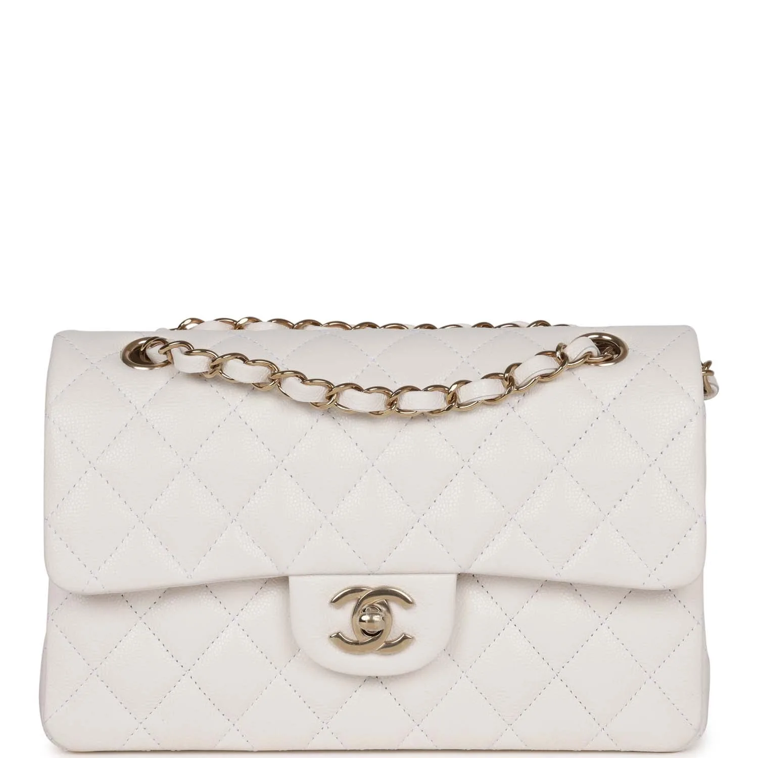 Small Classic Double Flap Bag White Caviar Light Gold Hardware