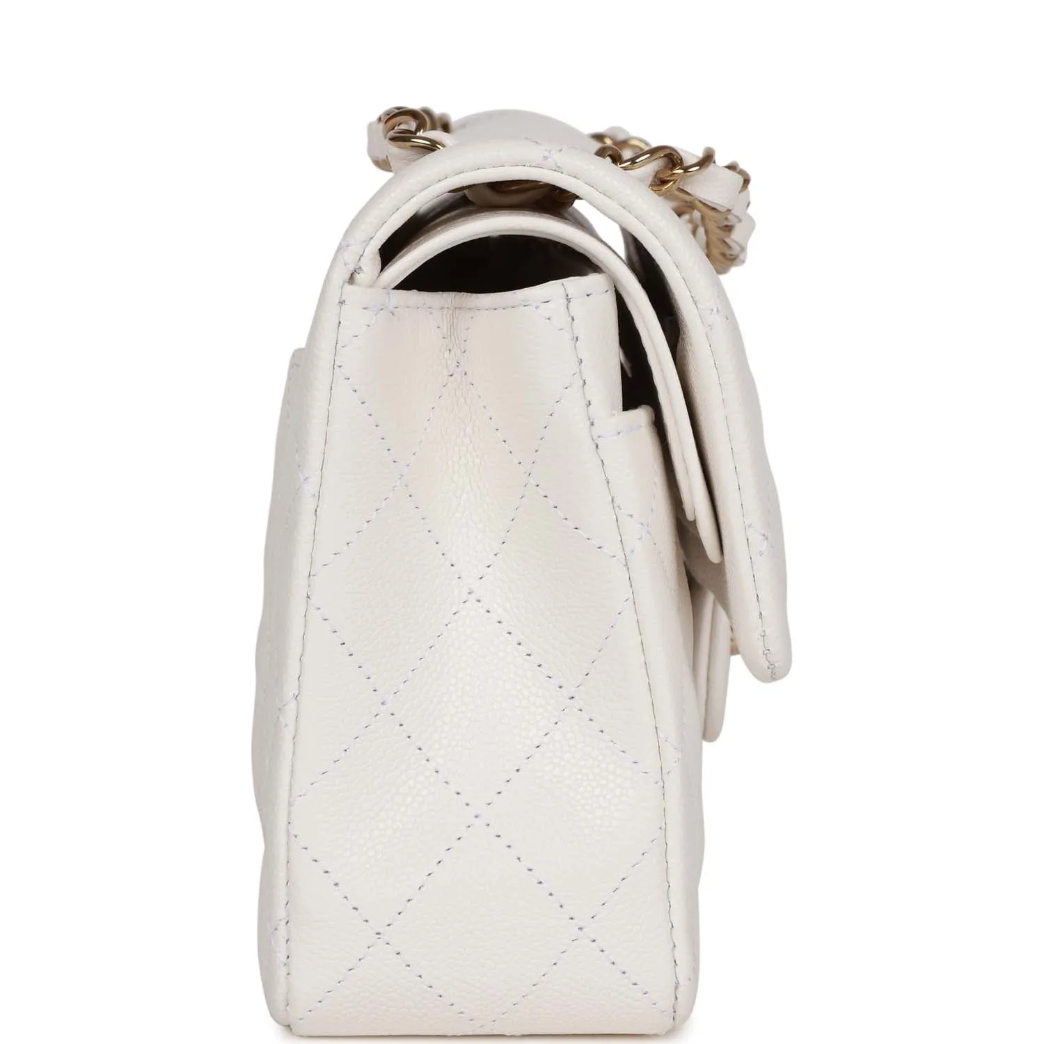 Small Classic Double Flap Bag White Caviar Light Gold Hardware