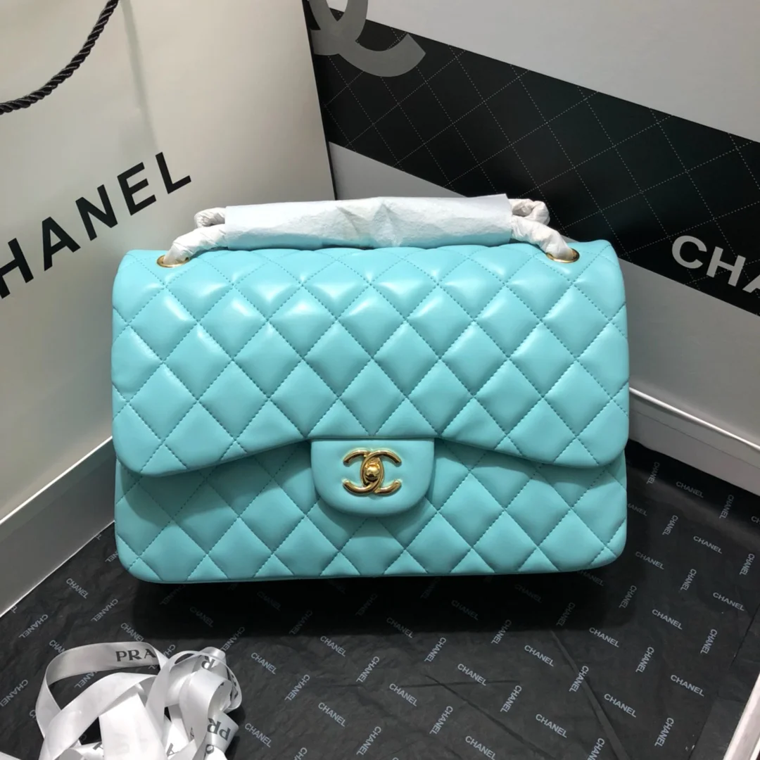 Chanel Large Classic Handbag Gold Hardware Blue For Women, Women’s Handbags, Shoulder Bags 11.8in/30cm