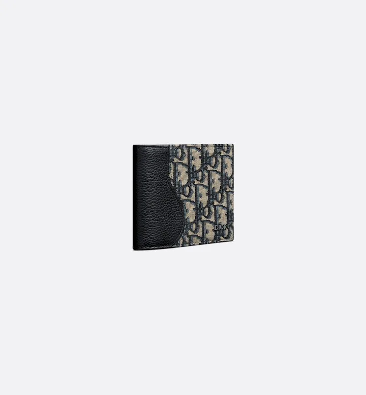 Saddle Bifold Wallet Black Grained Calfskin Marquetry with Beige and Black Oblique Jacquard