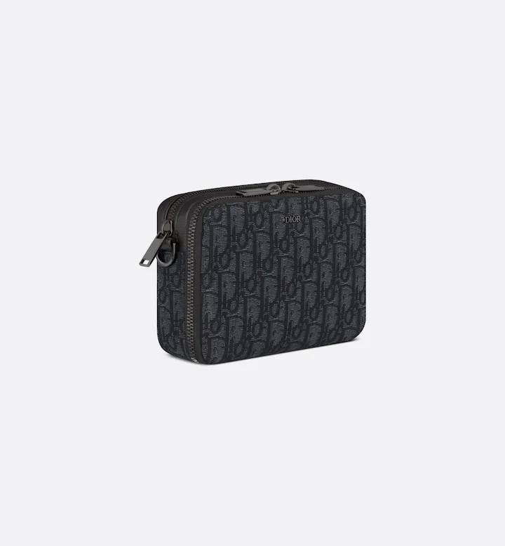 Zipped Pouch with Strap Black Oblique Jacquard