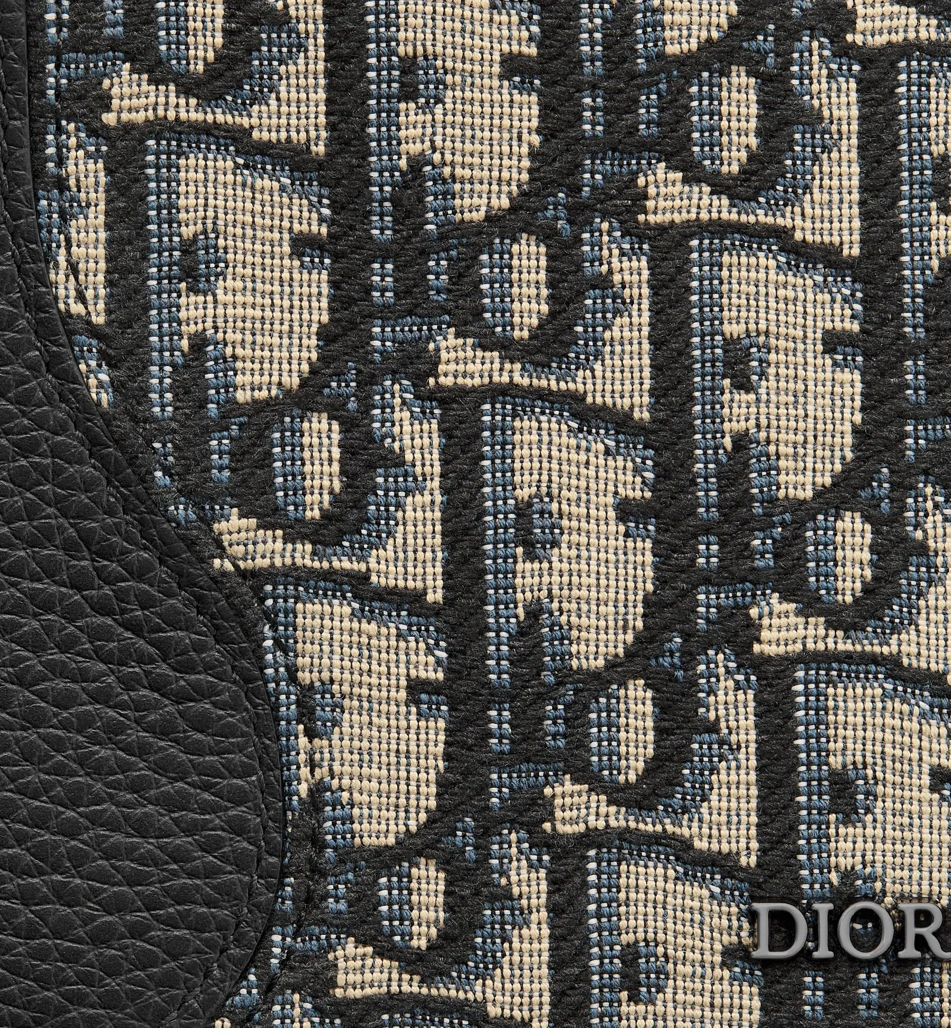 Saddle Bifold Card Holder Black Grained Calfskin Marquetry with Beige and Black Oblique Jacquard