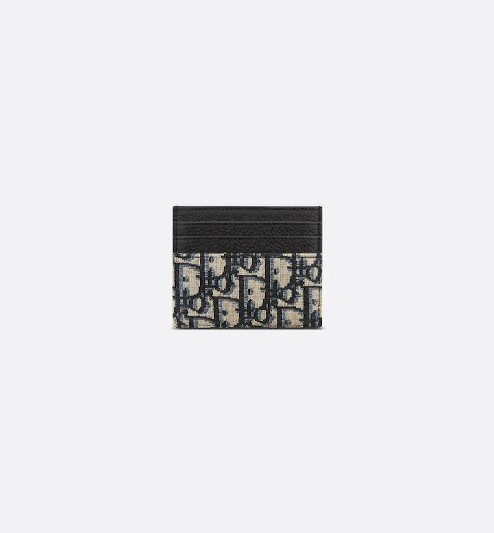 Card Holder Beige and Black Oblique Jacquard with Black Grained Calfskin