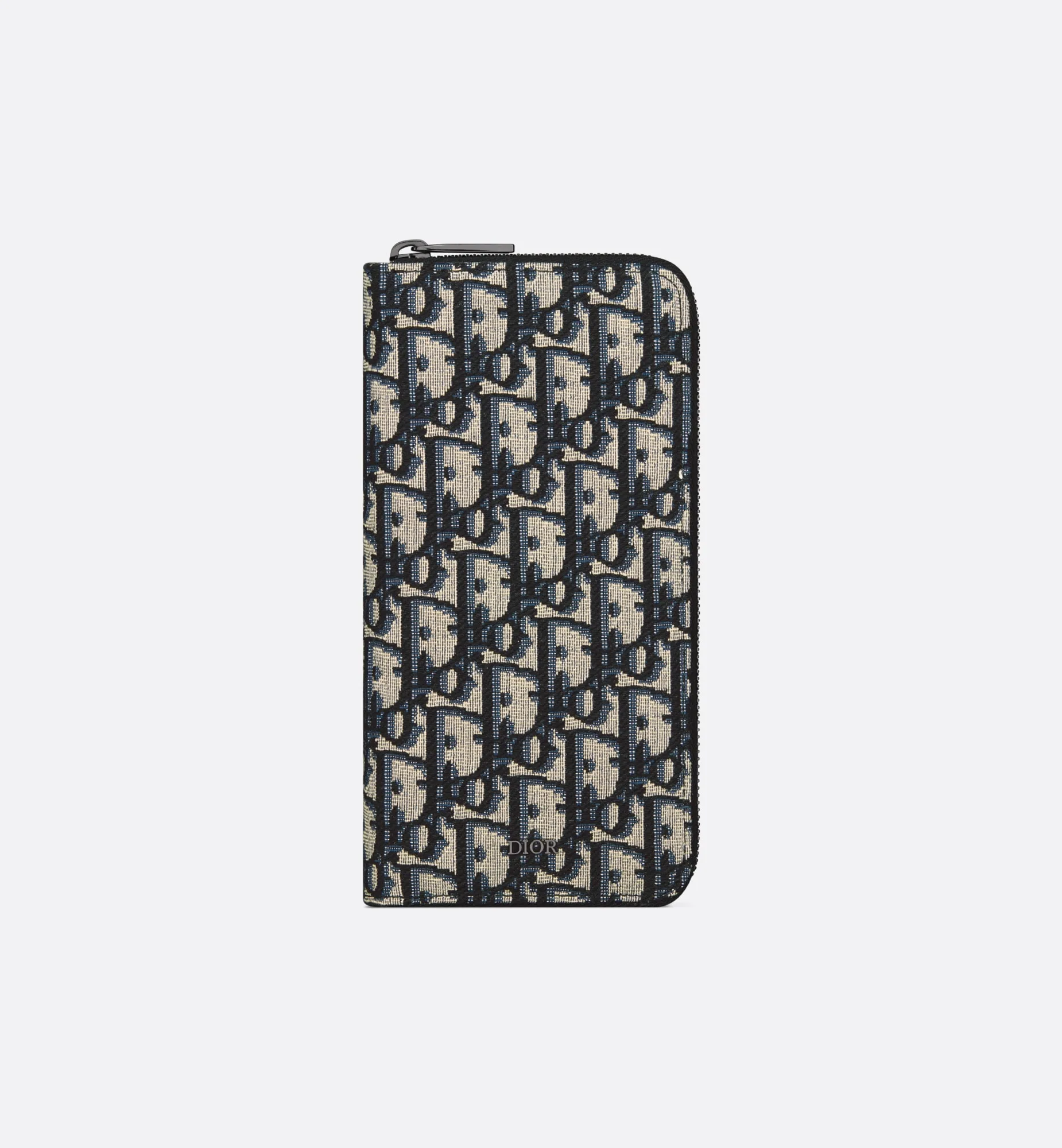 Vertical Long Zipped Wallet Beige and Black Oblique Jacquard