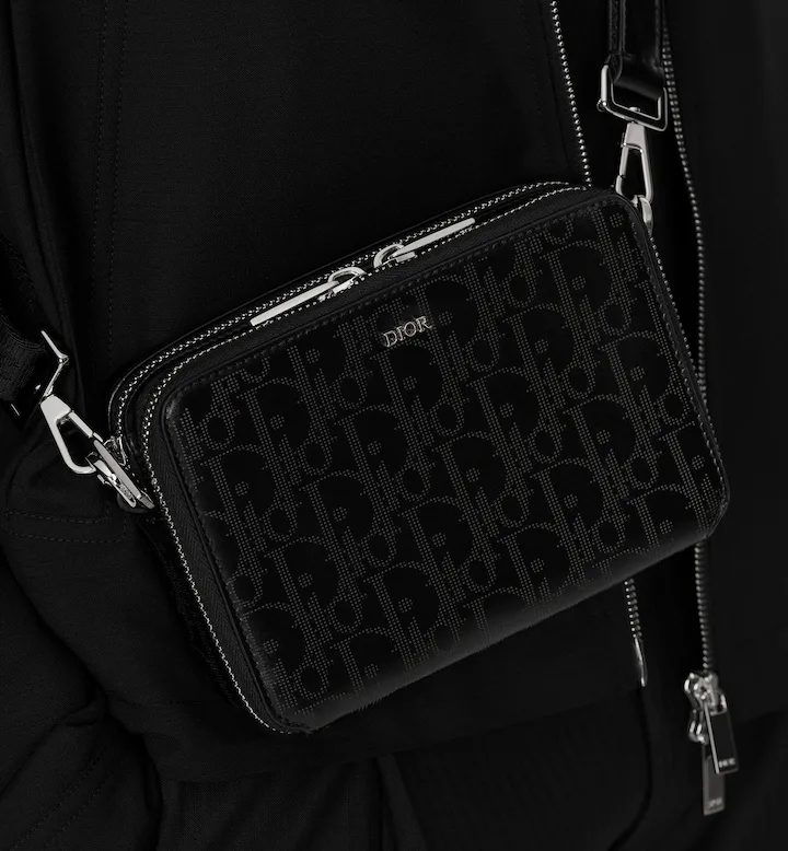 Zipped Pouch with Strap Black Oblique Galaxy Leather