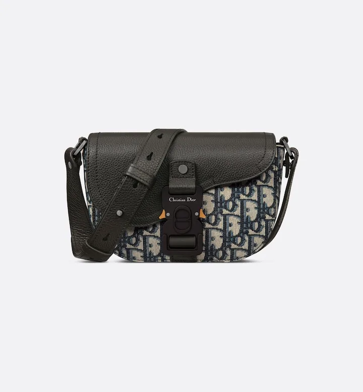 Mini Saddle Messenger Bag with Flap Beige and Black Oblique Jacquard with Black Grained Calfskin