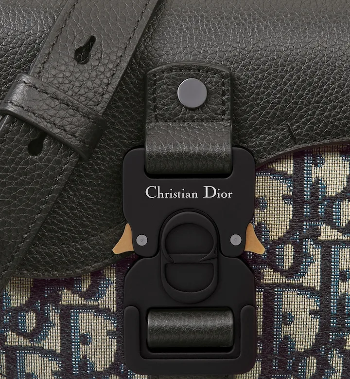 Mini Saddle Messenger Bag with Flap Beige and Black Oblique Jacquard with Black Grained Calfskin