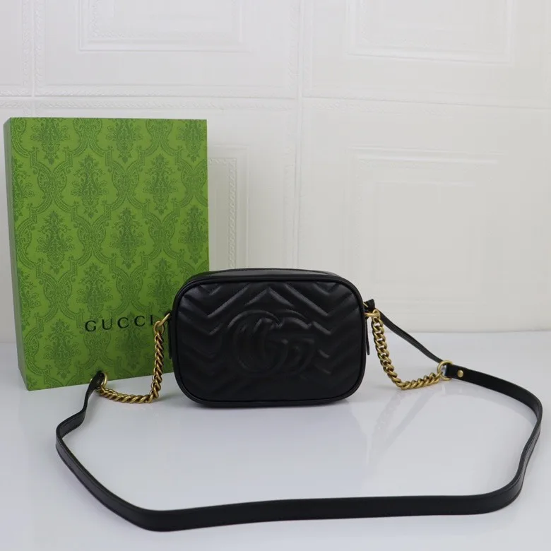 GUCCI Calfskin Matelasse Mini GG Marmont Chain Shoulder Bag Black - Bag