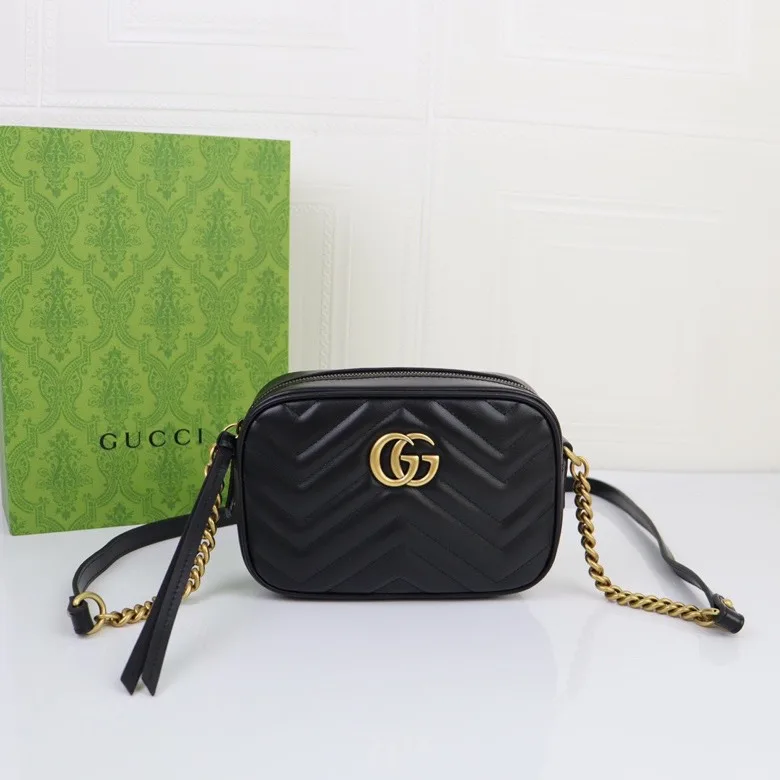 GUCCI Calfskin Matelasse Mini GG Marmont Chain Shoulder Bag Black - Bag