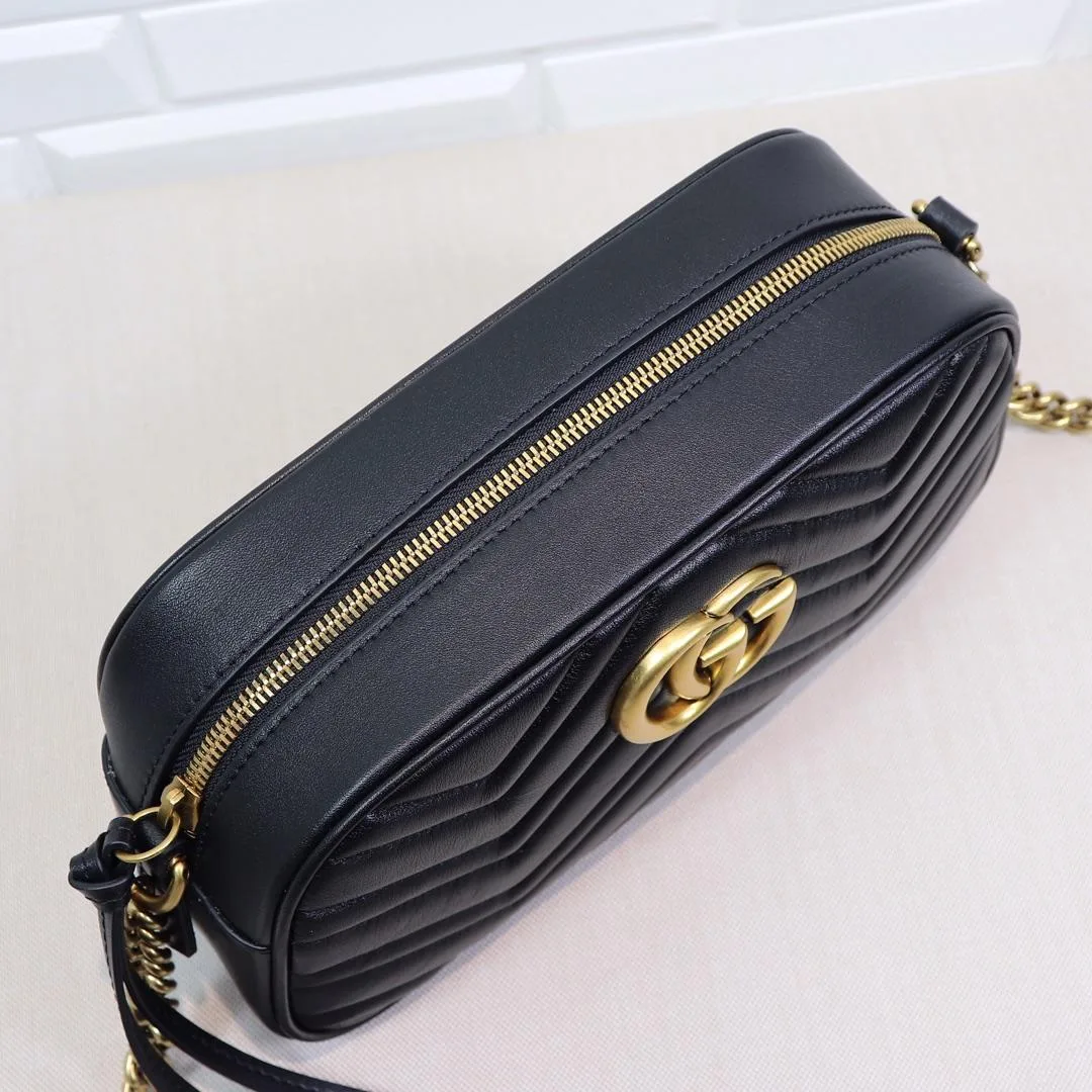 GUCCI Calfskin Matelasse GG Marmont Chain Shoulder Bag Black - Bag