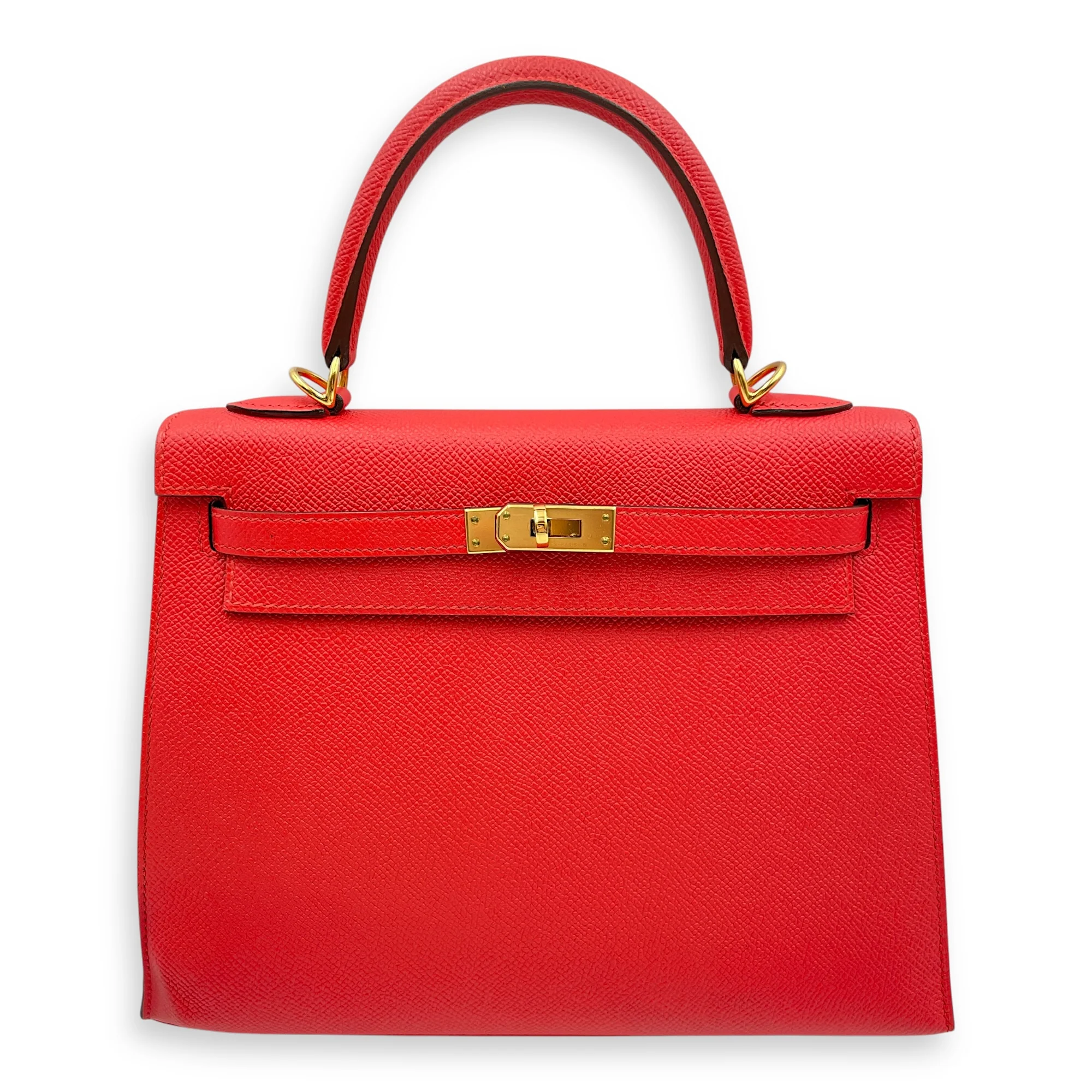 Sellier Kelly 25 Rouge Tomate in Epsom, Gold hardware