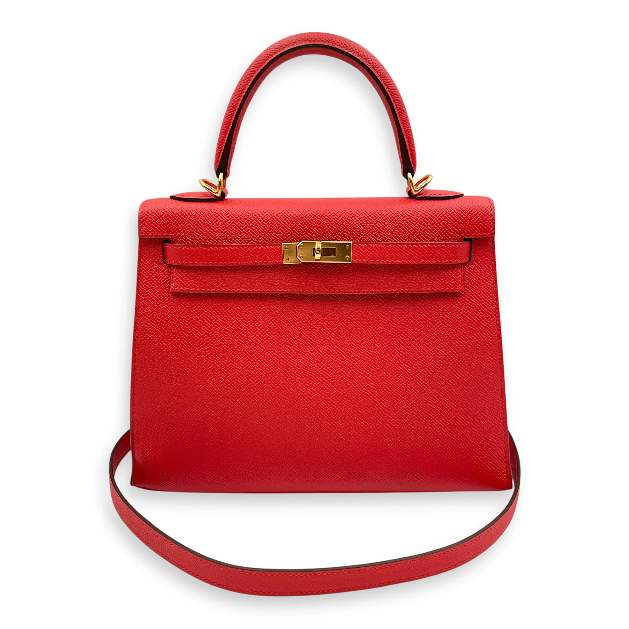 Sellier Kelly 25 Rouge Tomate in Epsom, Gold hardware