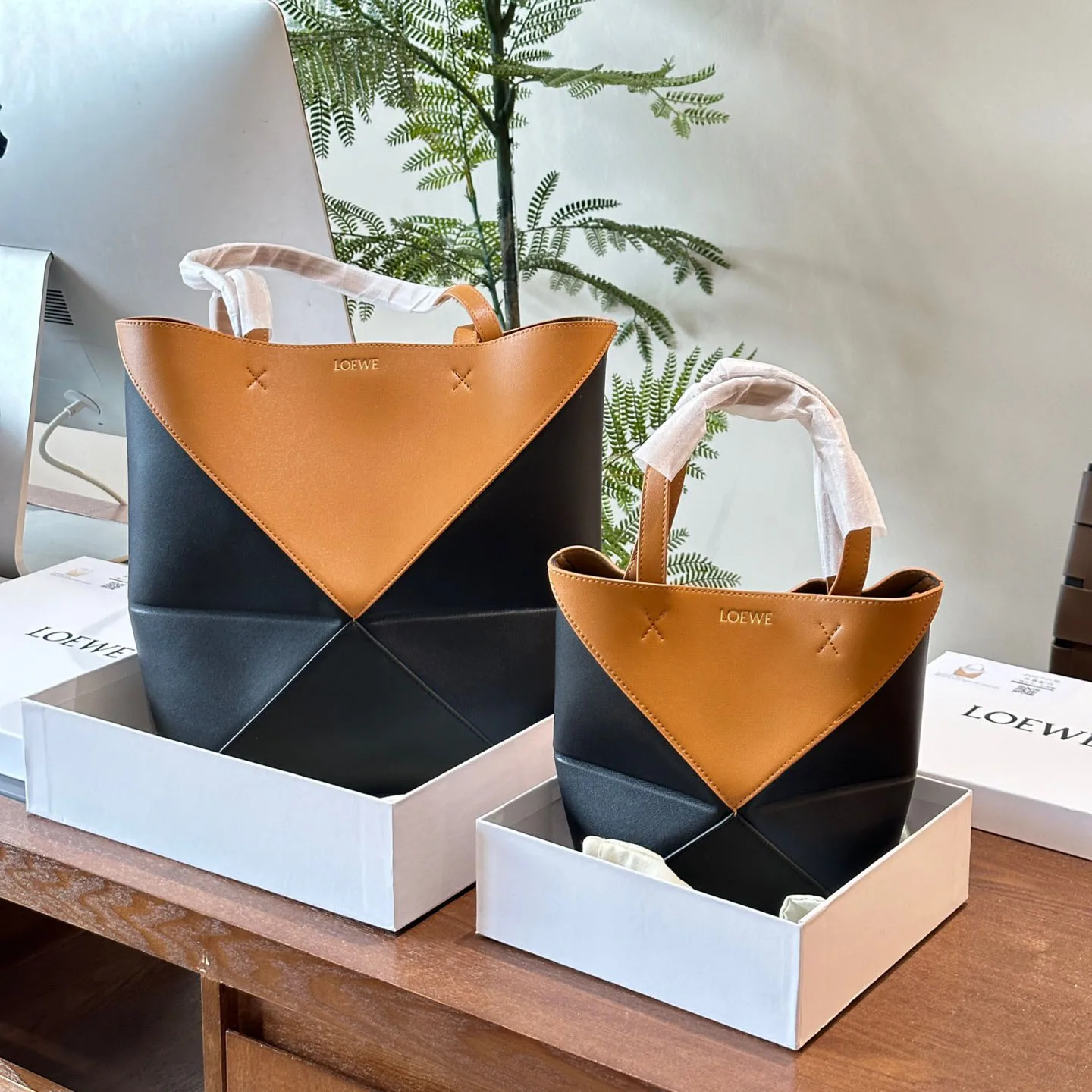 Puzzle Fold tote in shiny calfskin