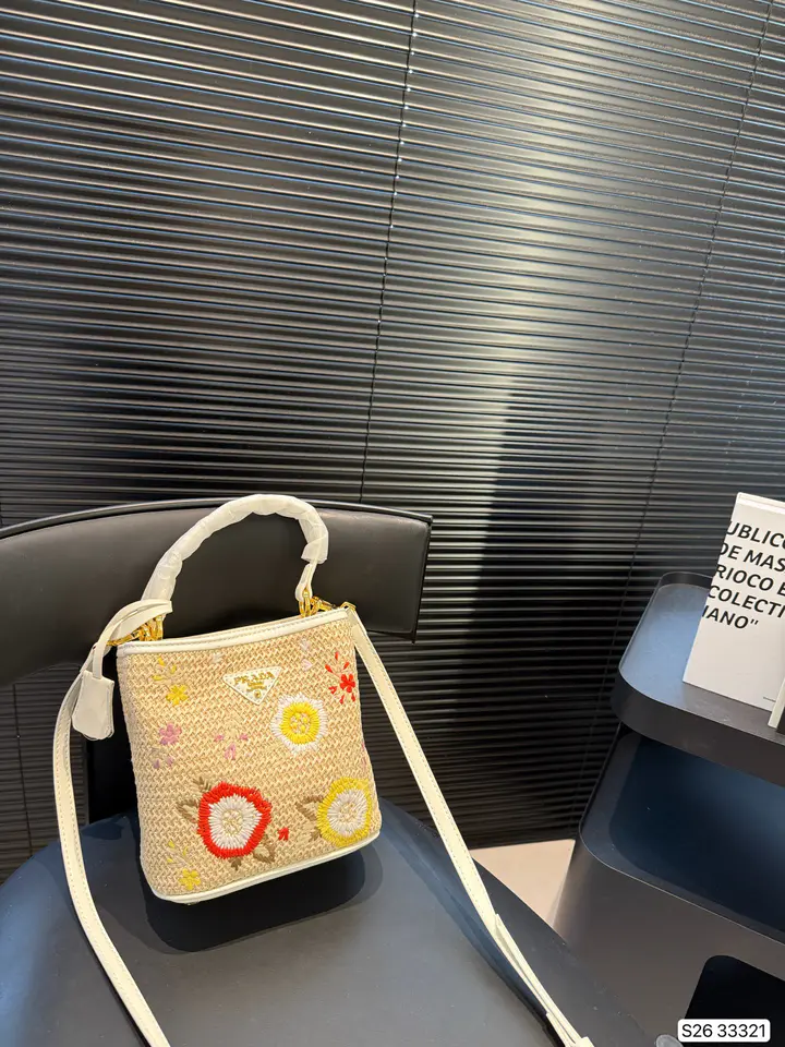 Prada Woven Embroidered Bucket Bag