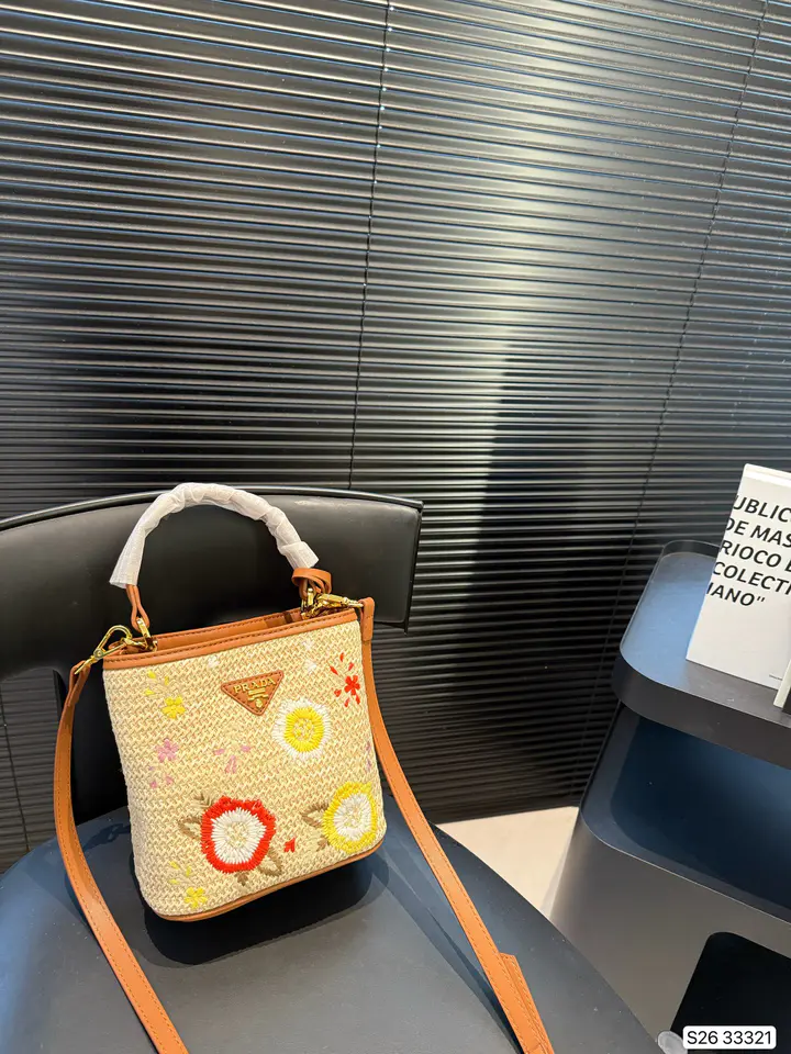 Prada Woven Embroidered Bucket Bag