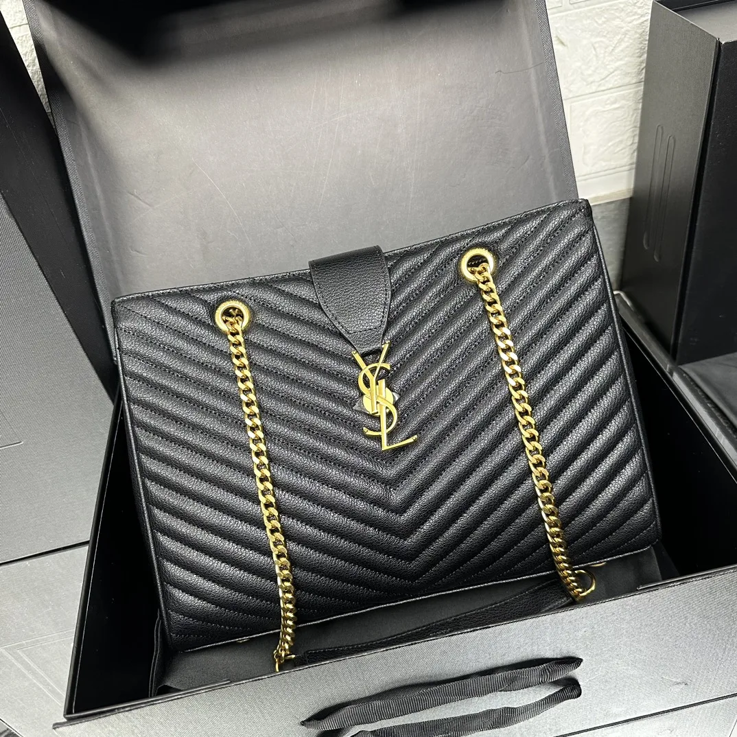 Saint Laurent Black Matelasse Leather Cassandre Large Shopper Tote-Gold Hardware - Bag