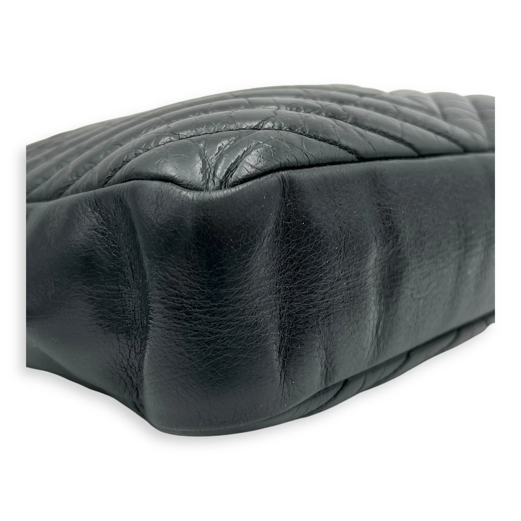 Lou Camera Shoulder Bag Black in Crinkled calfskin, Silver hardware