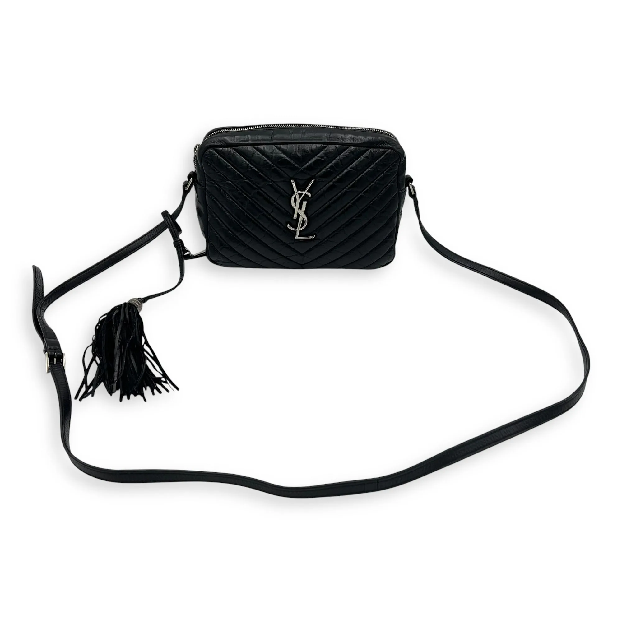 Lou Camera Shoulder Bag Black in Crinkled calfskin, Silver hardware