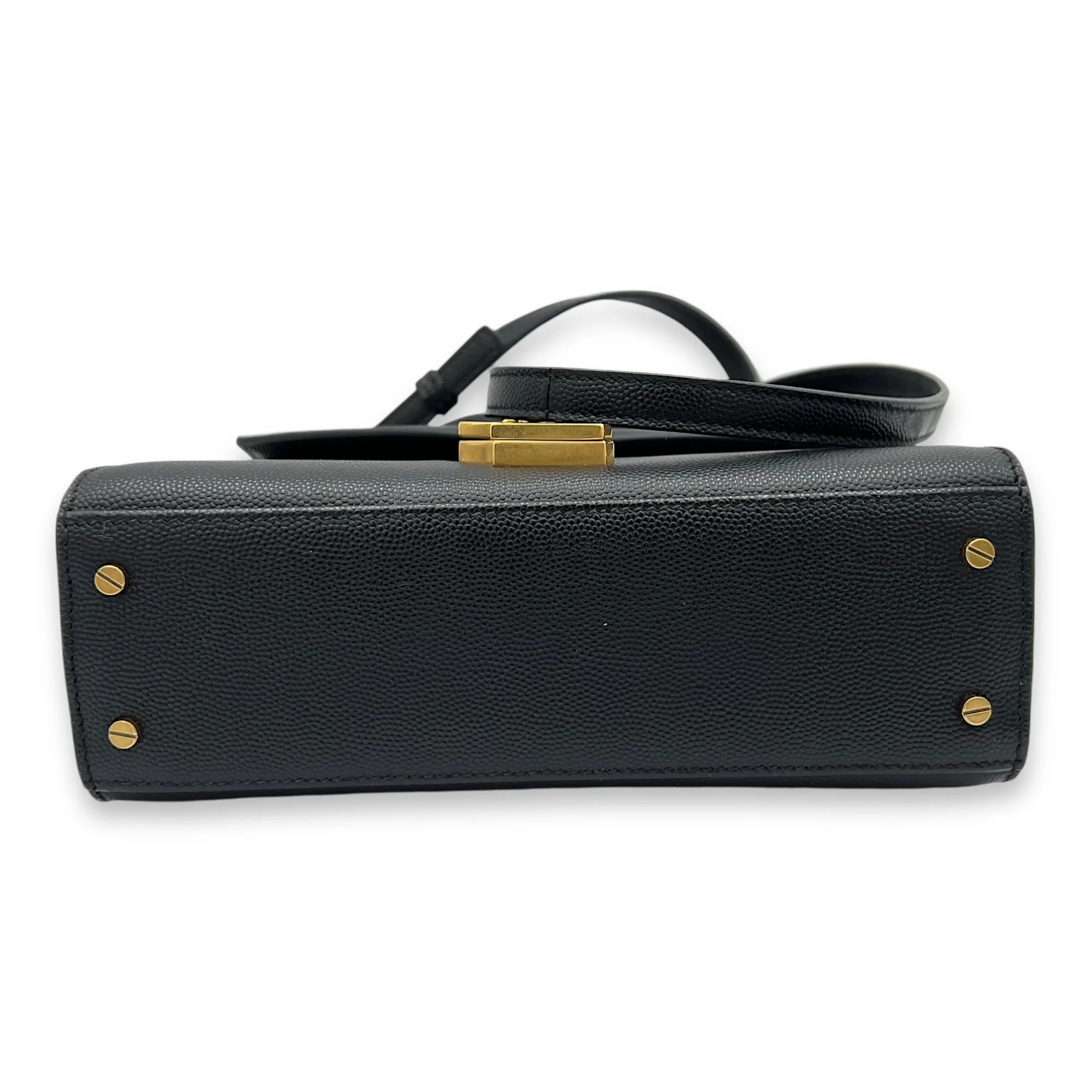 Cassandra Mini Black Top Handle Bag in Caviar Leather, Gold hardware