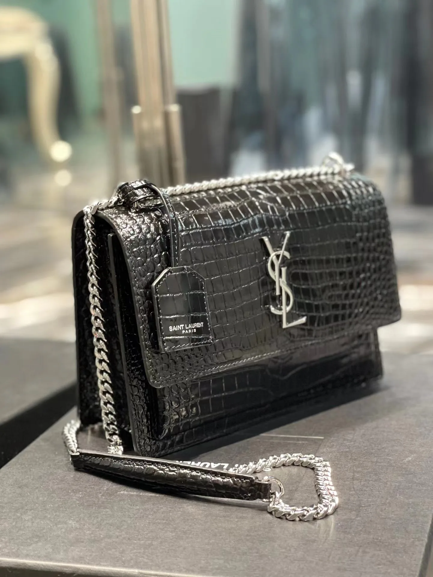 YSL Black Embossed Leather Shoulder Bag