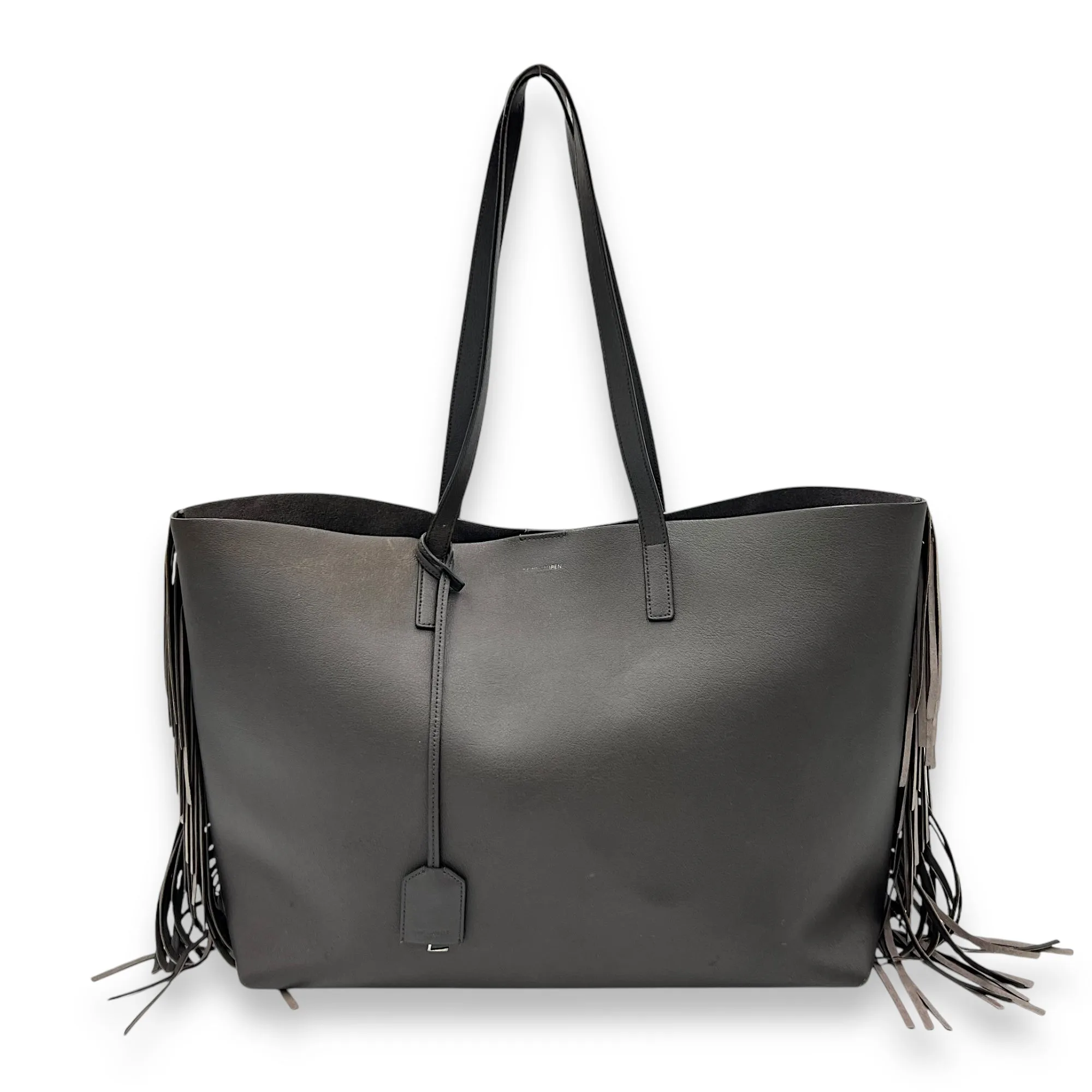 East West Shopping Fringe Tote Bag Grey in Calfskin, Silver hardware