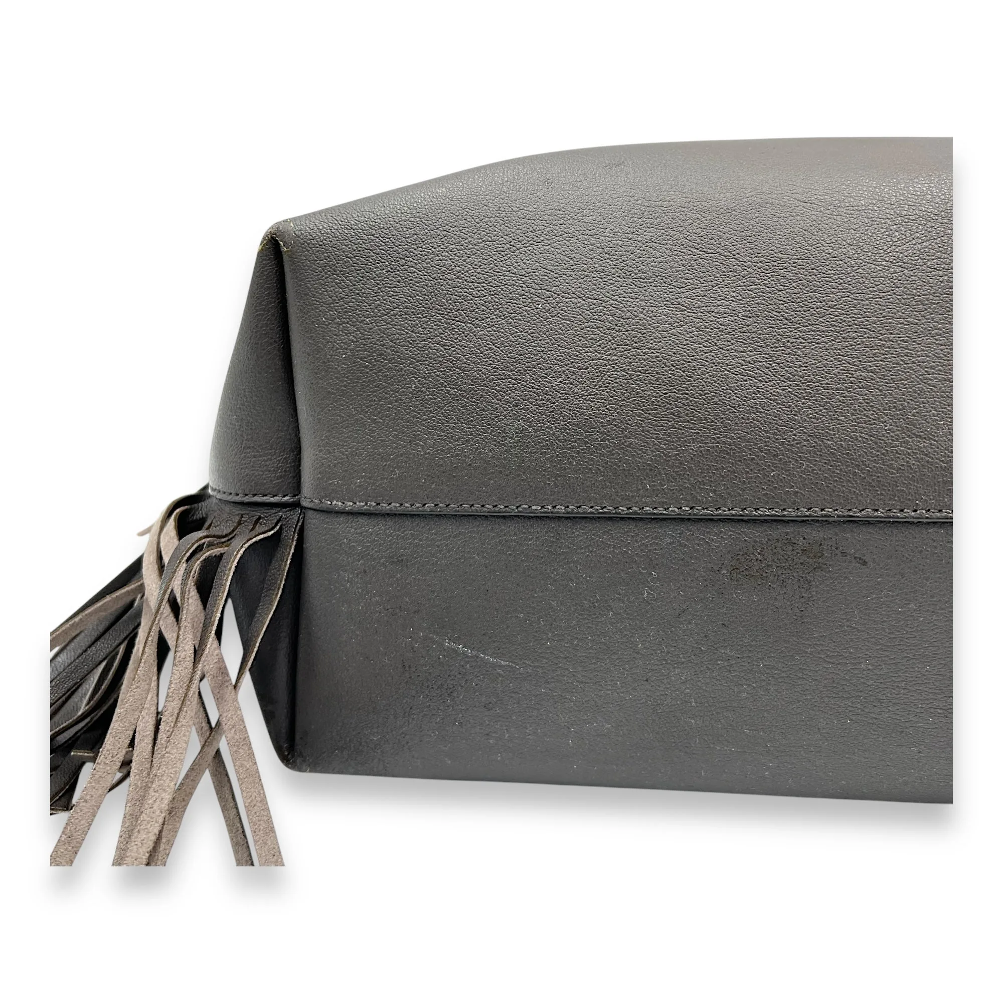 East West Shopping Fringe Tote Bag Grey in Calfskin, Silver hardware
