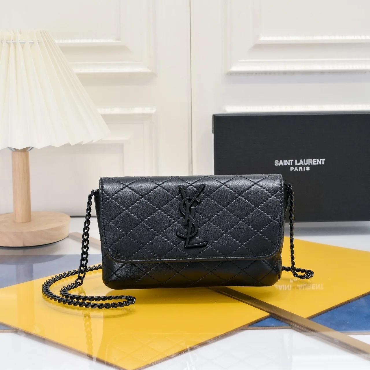SAINT LAURENT BLACK GABY CHAIN PHONE HOLDER IN QUILTED Calfskin-BLACK HARDWARE - Bag