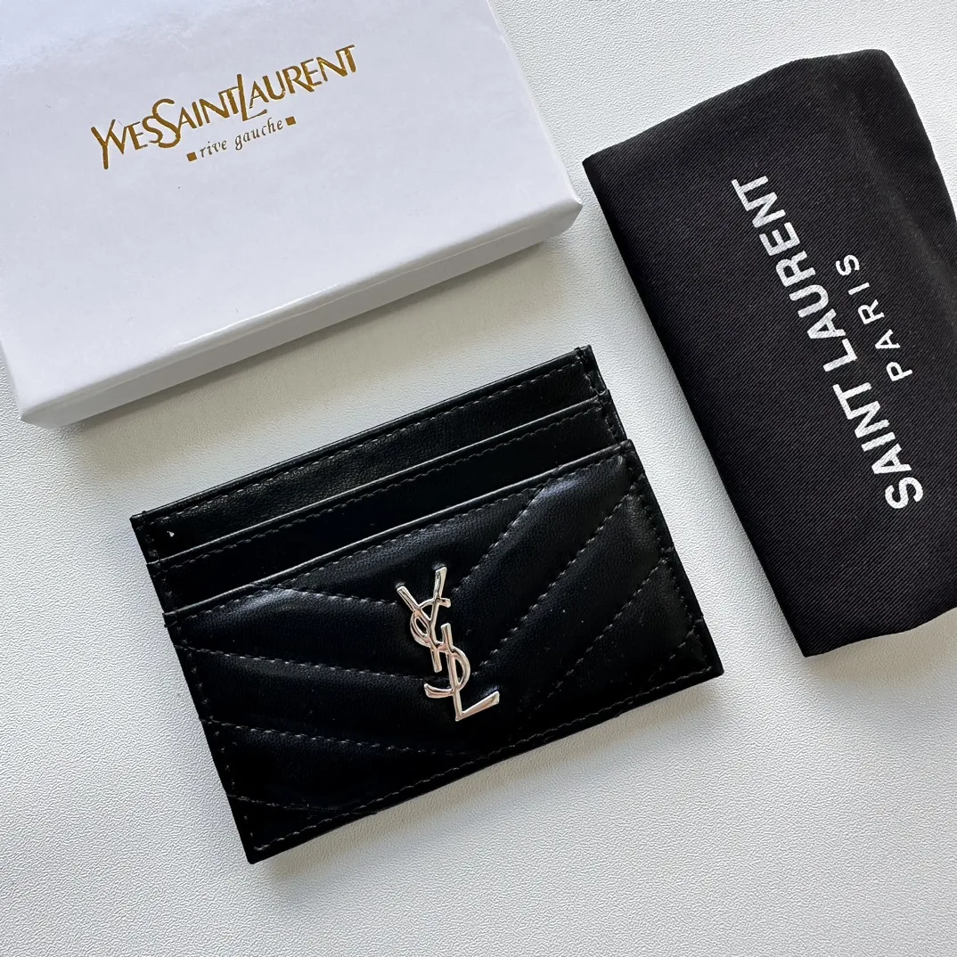 Saint Laurent CASSANDRE MATELASSÉ card case in lambskin -Black and Silver Wallet