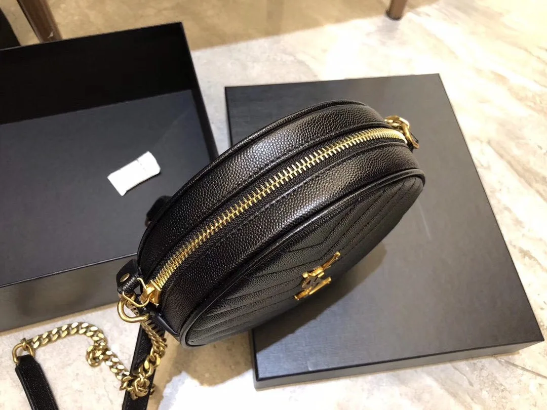 YSL Vinyle Round Camera BAG In Chevron Quilted Grain De Poudre Embossed Leather