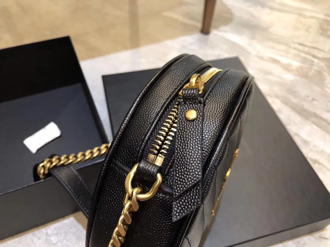 YSL Vinyle Round Camera BAG In Chevron Quilted Grain De Poudre Embossed Leather