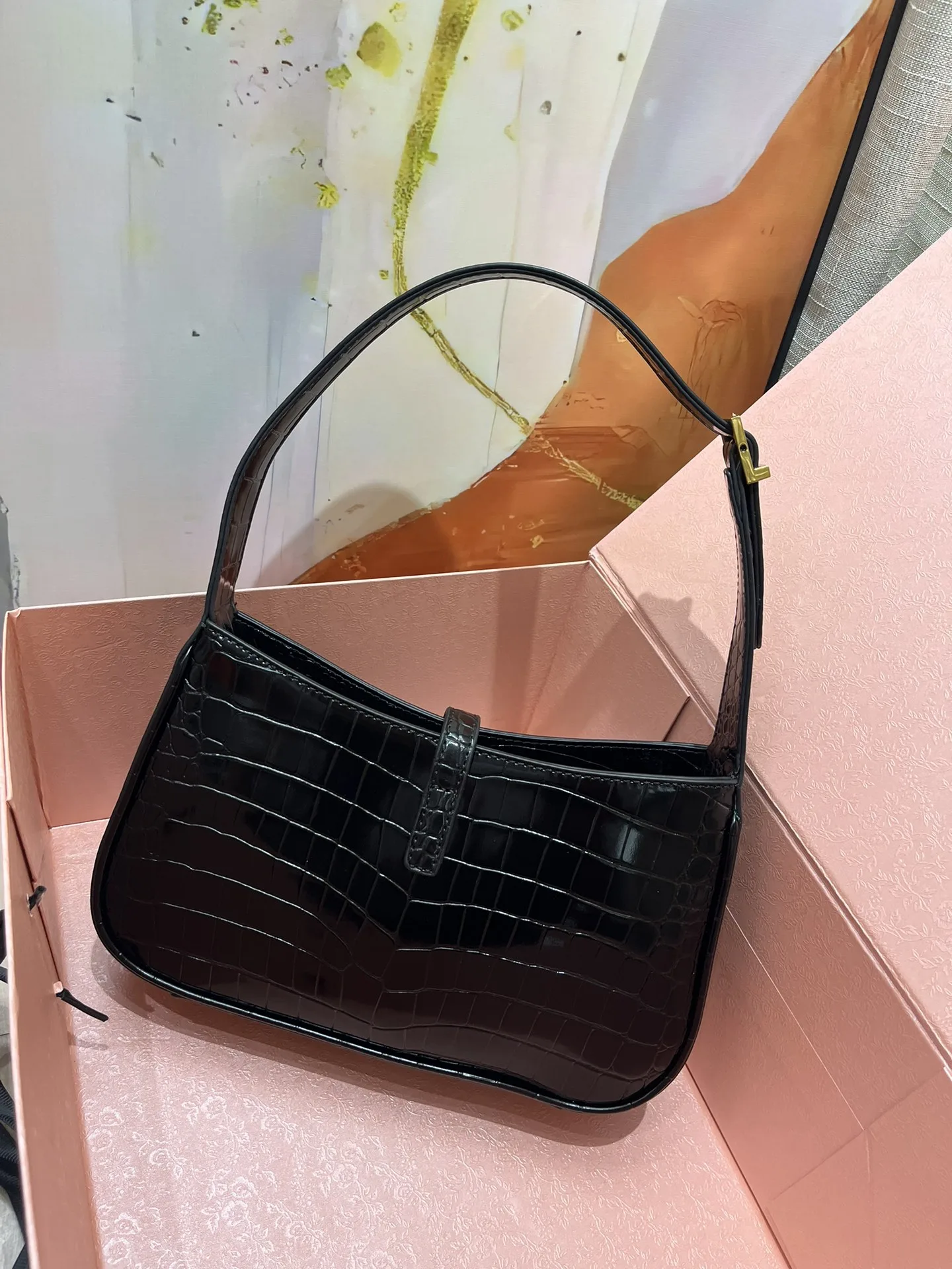 SAINT LAURENT YSL Croc-Embossed Le 5 à 7 Hobo Bag